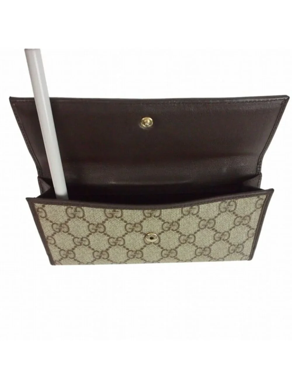 Gucci GG Canvas Sherry Line Snap Wallet Khaki Beige Dark Brown